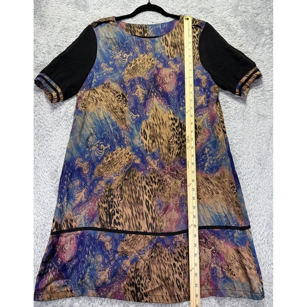 Luxury Leopard Print Silk Blend Shift Dress Womens XL Blue Gold Short Sleeve